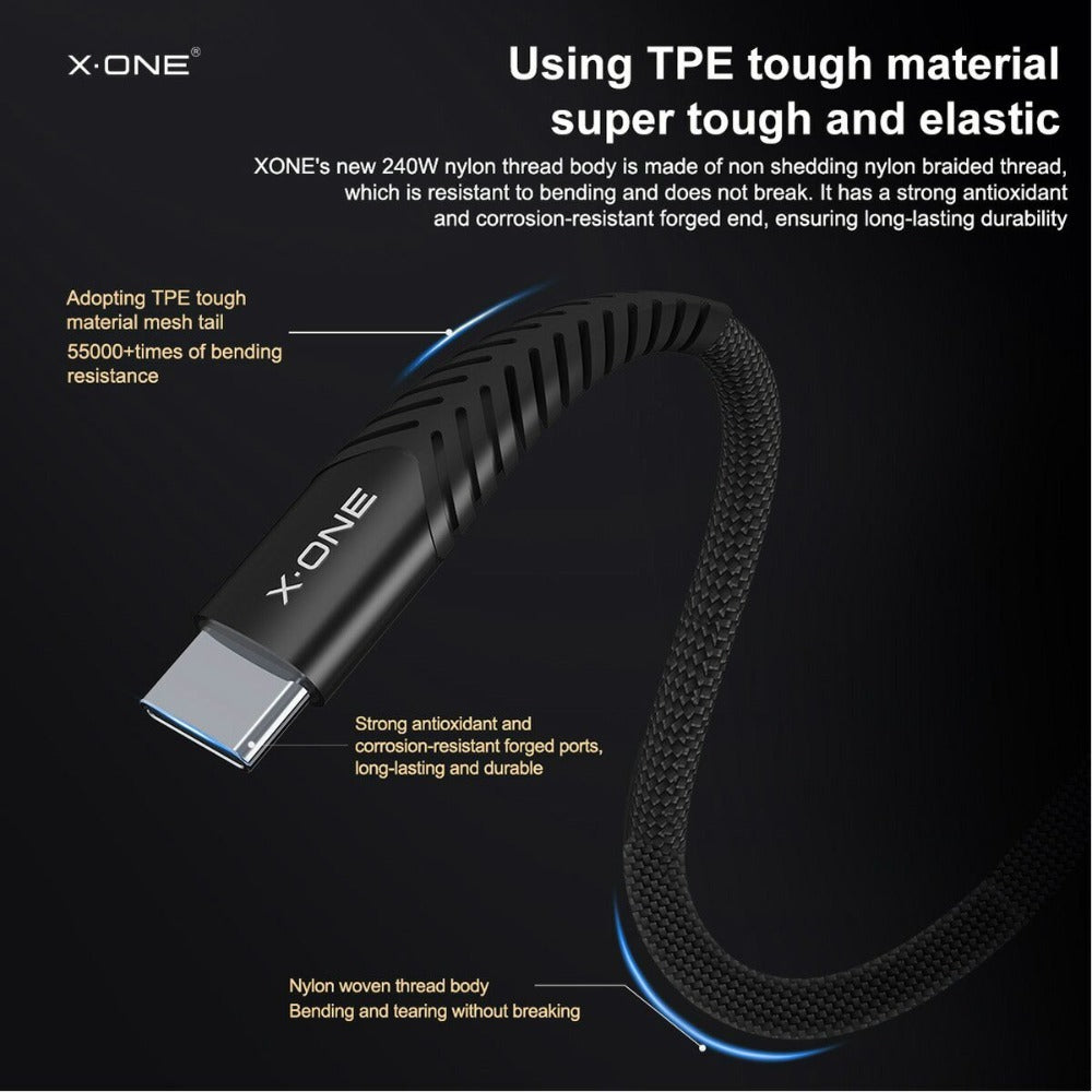 XONE 240W Dual USB-C Fast Charging Cable – E-MARK Chip, Nylon Braided, 1.5m Mobile Arcade Ltd