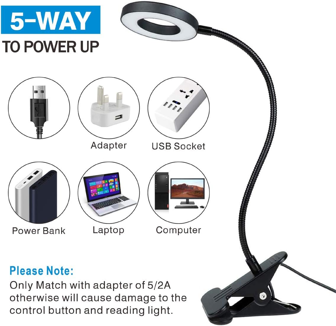 USB LED Desk Lamp Clip-On Light, 3 Modes & 10 Brightness Levels, Eye-Caring Mobile Arcade Ltd