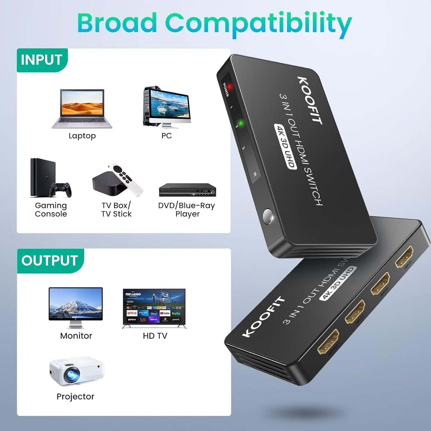 KOOFIT HDMI Switch 4K 3 In 1 Out with Remote – HDMI Splitter for TV, PS5, PC Mobile Arcade Ltd