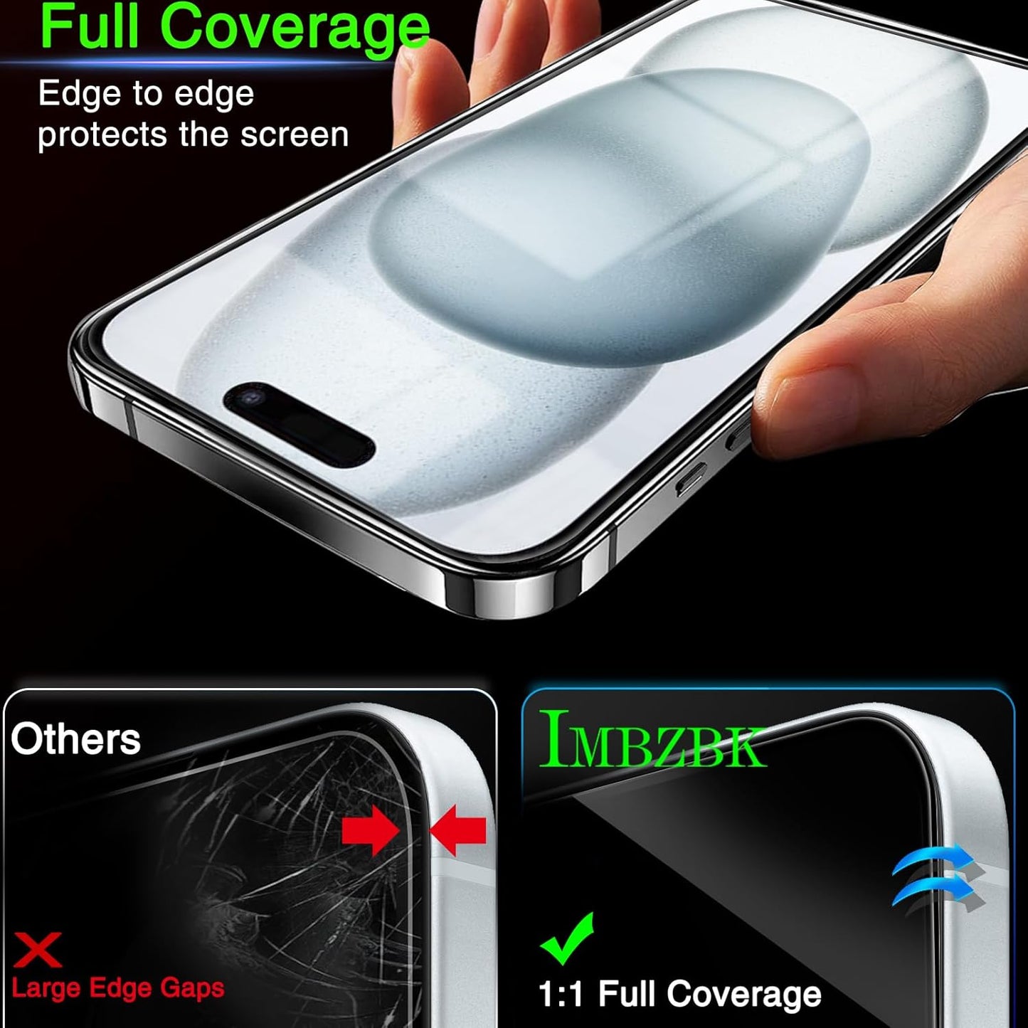 3-Pack Tempered Glass Screen & Camera Protector for iPhone 15, Full Coverage Mobile Arcade Ltd