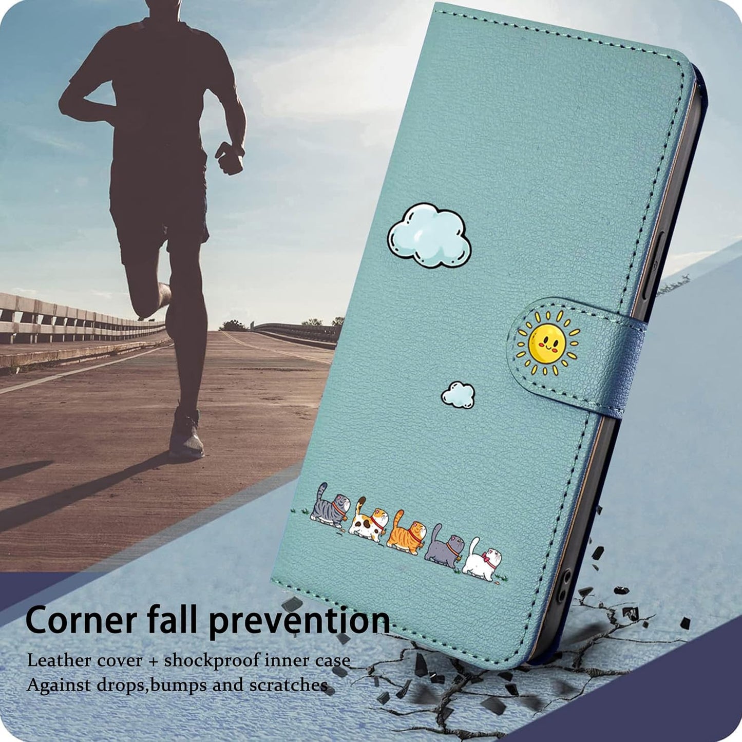 iPhone 13 Wallet Case Green Cat Design Flip PU Leather Card Holder Cover Mobile Arcade Ltd