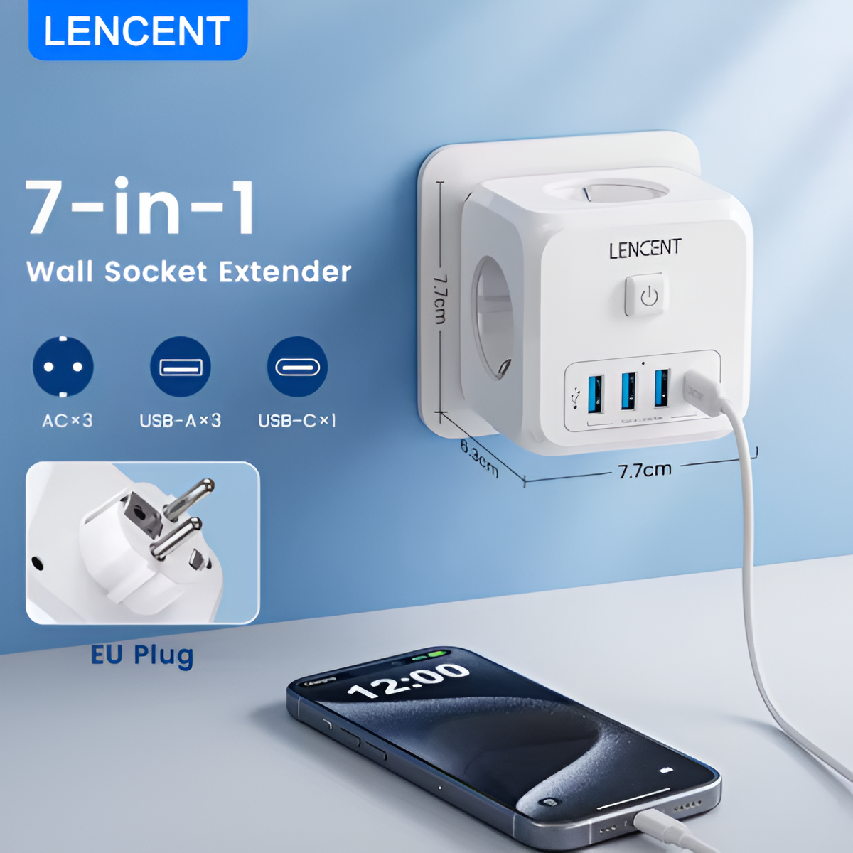 LENCENT 7-in-1 EU Wall Socket Extender with 3 USB, Type-C & AC Outlets Mobile Arcade Ltd