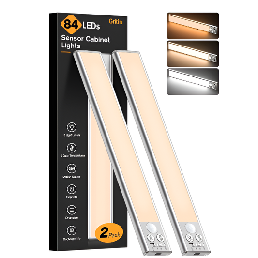 Gritin 84 LED Motion Sensor Under Cabinet Lights, 3-Colour, 5-Brightness, 2 Pack Mobile Arcade Ltd