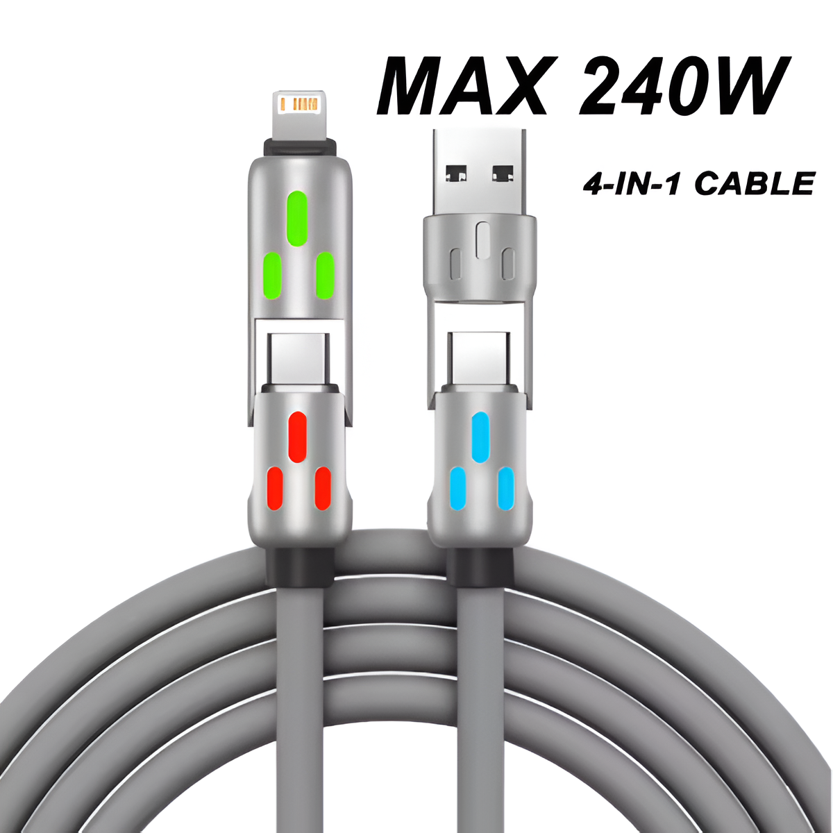 4-in-1 Rotating USB Charger Cable – 240W Fast Charge Type-C Silicone Lead 1.2m Mobile Arcade Ltd