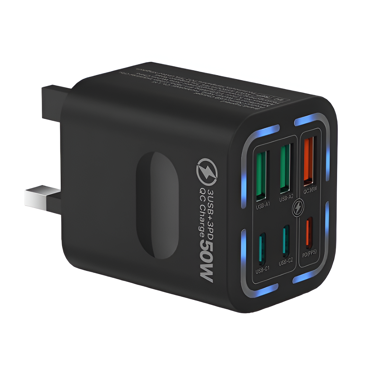 50W 6-Port USB C Fast Charger Plug UK | 3 PD + 3 QC Multiport Charging Adapter