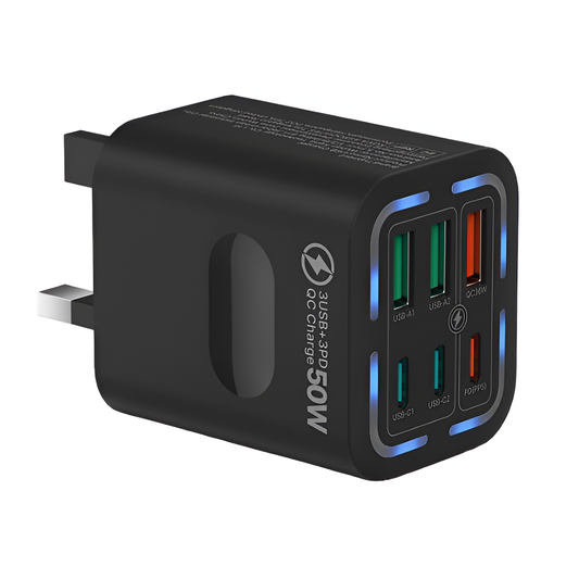 50W 6-Port USB C Fast Charger Plug UK | 3 PD + 3 QC Multiport Charging Adapter