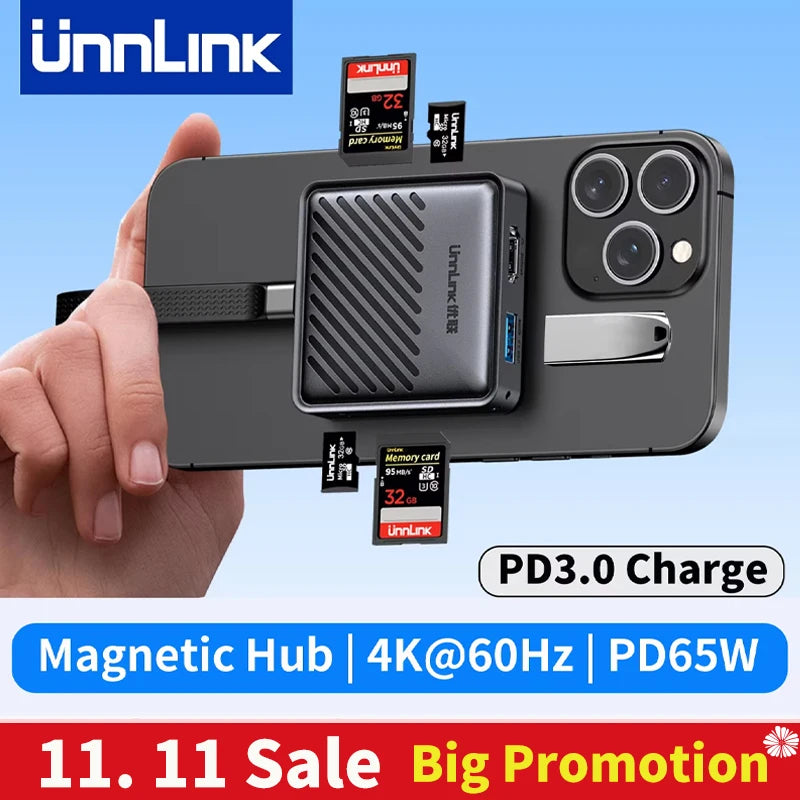 Unnlink Magnetic USB-C Hub Multiport Adapter | 4K HDMI, 65W PD, SD/TF Card Reader, Docking Station for MacBook & iPhone 16/15 Pro
