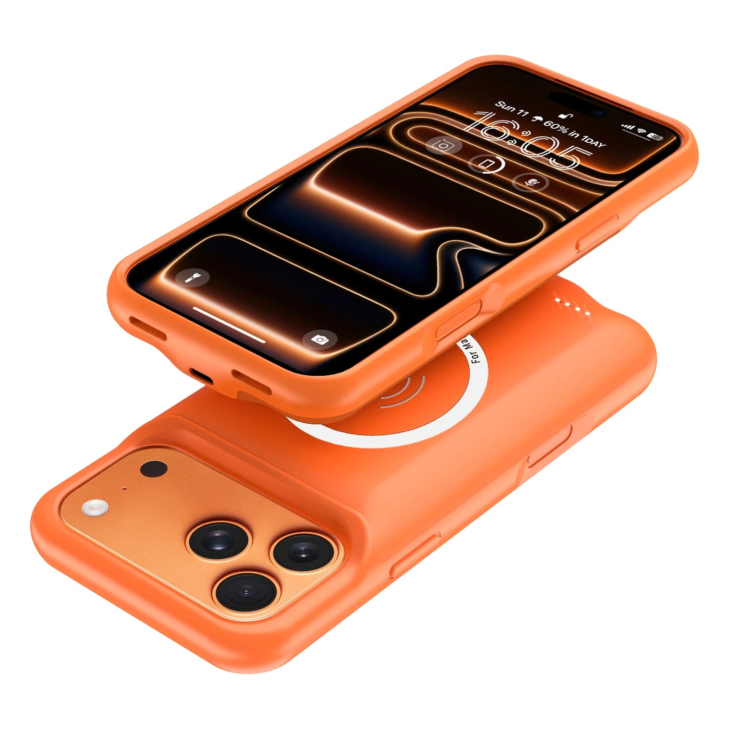 Orange Smart Wireless Battery Charger Case for iPhone 17 Pro Max | Magnetic Power Bank External Charging Cover