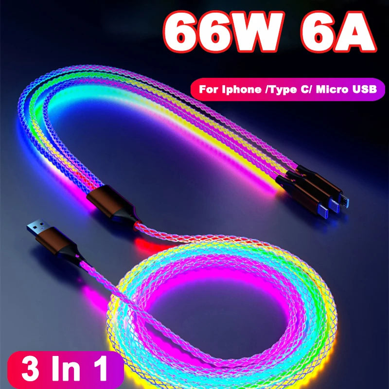 3-in-1 66W Fast Charging Cable RGB Light Micro USB Type-C & iPhone