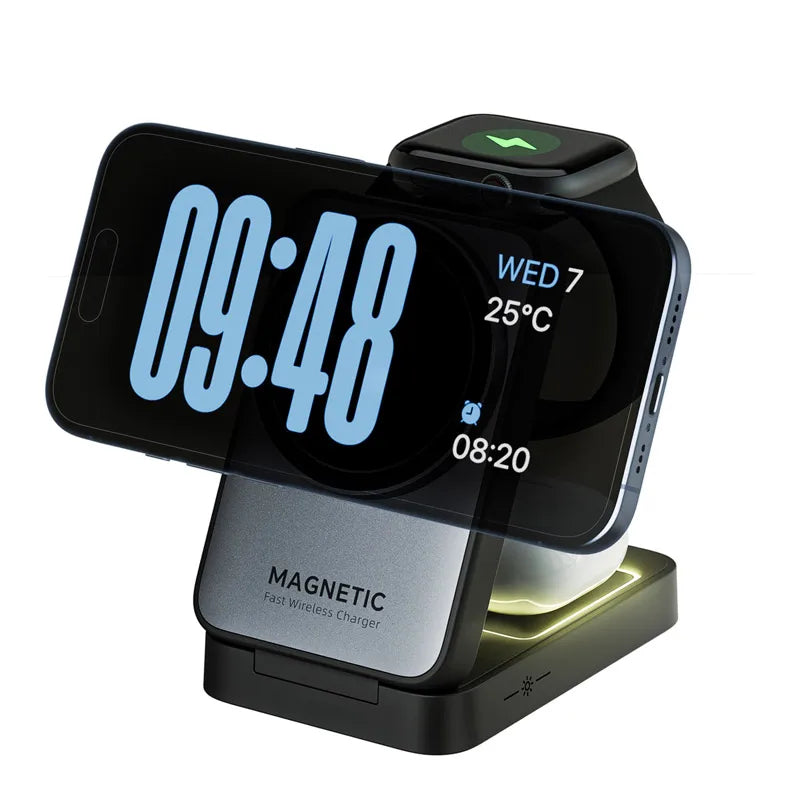 Foldable 3-in-1 Magnetic Wireless Charger Stand | MagSafe Fast Charging Station for iPhone 15/14/13/12, Apple Watch 2–8, AirPods Pro