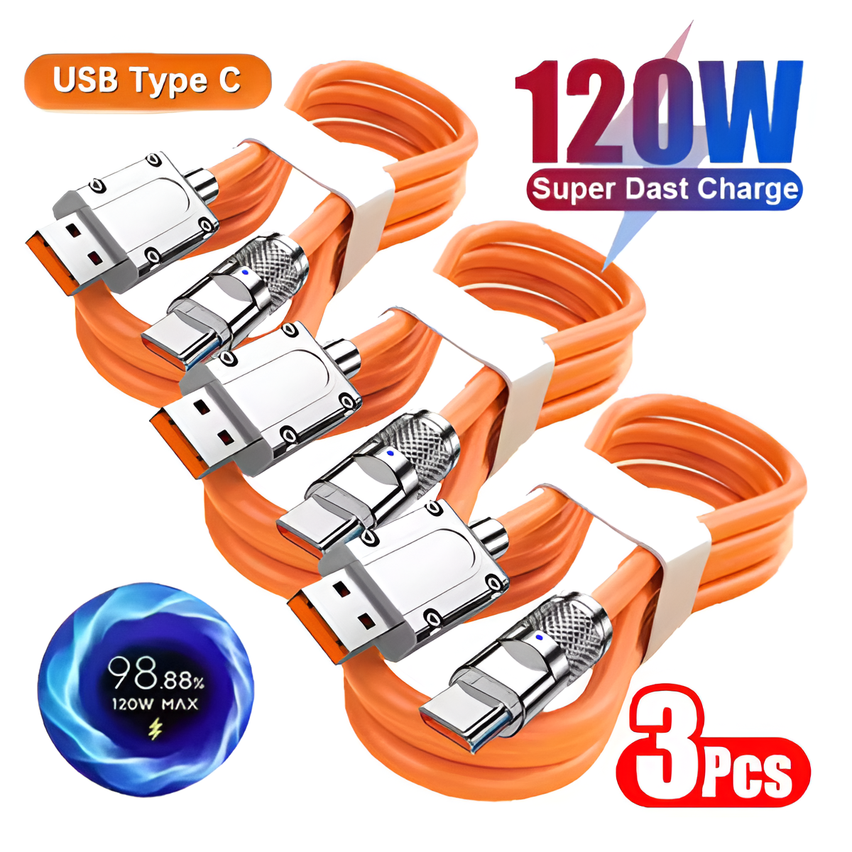 3PCS 120W Type-C Fast Charging Cables – Liquid Silicone USB Data Wires Set Mobile Arcade Ltd
