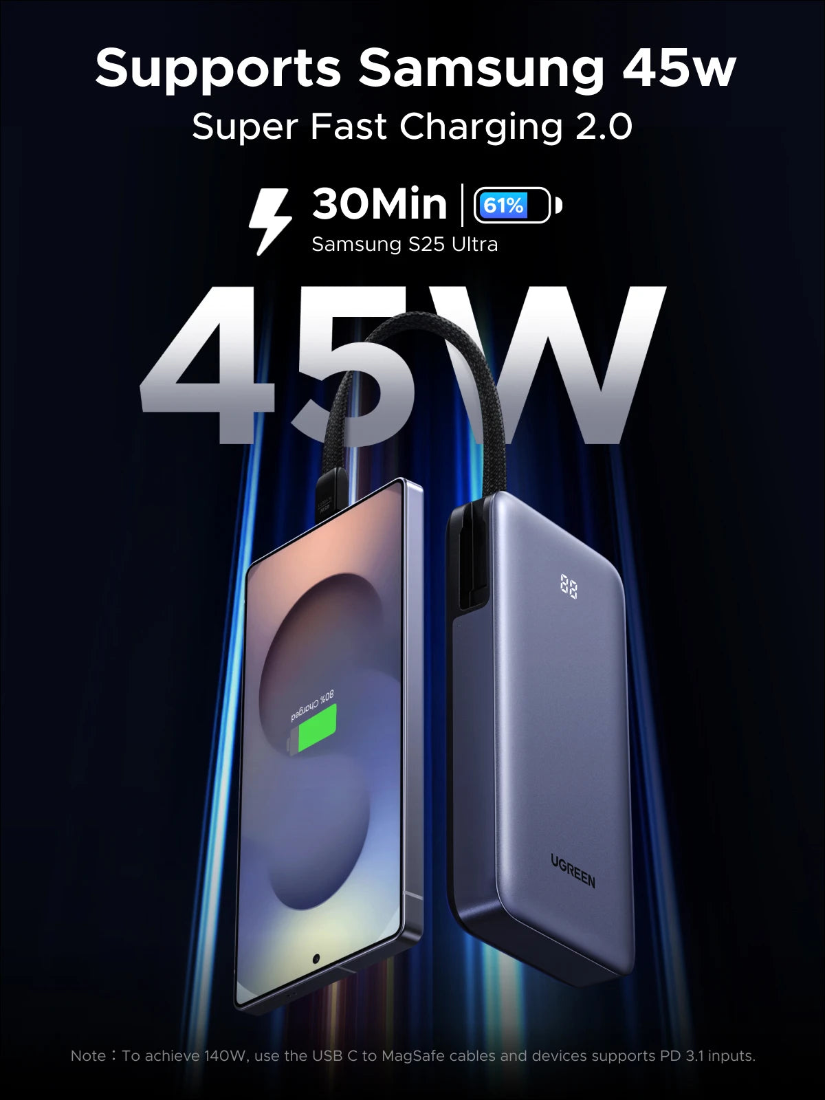 UGREEN 45W 20000mAh Power Bank with Built-in USB-C Cable | PPS Fast Charging Portable Charger for Samsung S25 Ultra, iPhone, Laptop & More Mobile Arcade Ltd