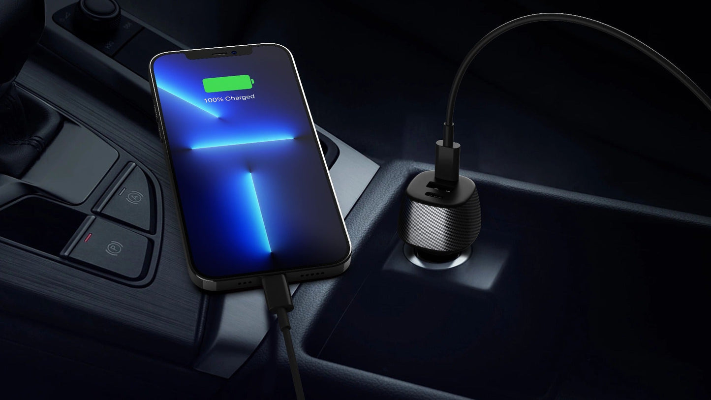 103W Car Charger - Dual USB-C & USB-A Fast Charging, Carbon Fiber Design, NEW Mobile Arcade Ltd
