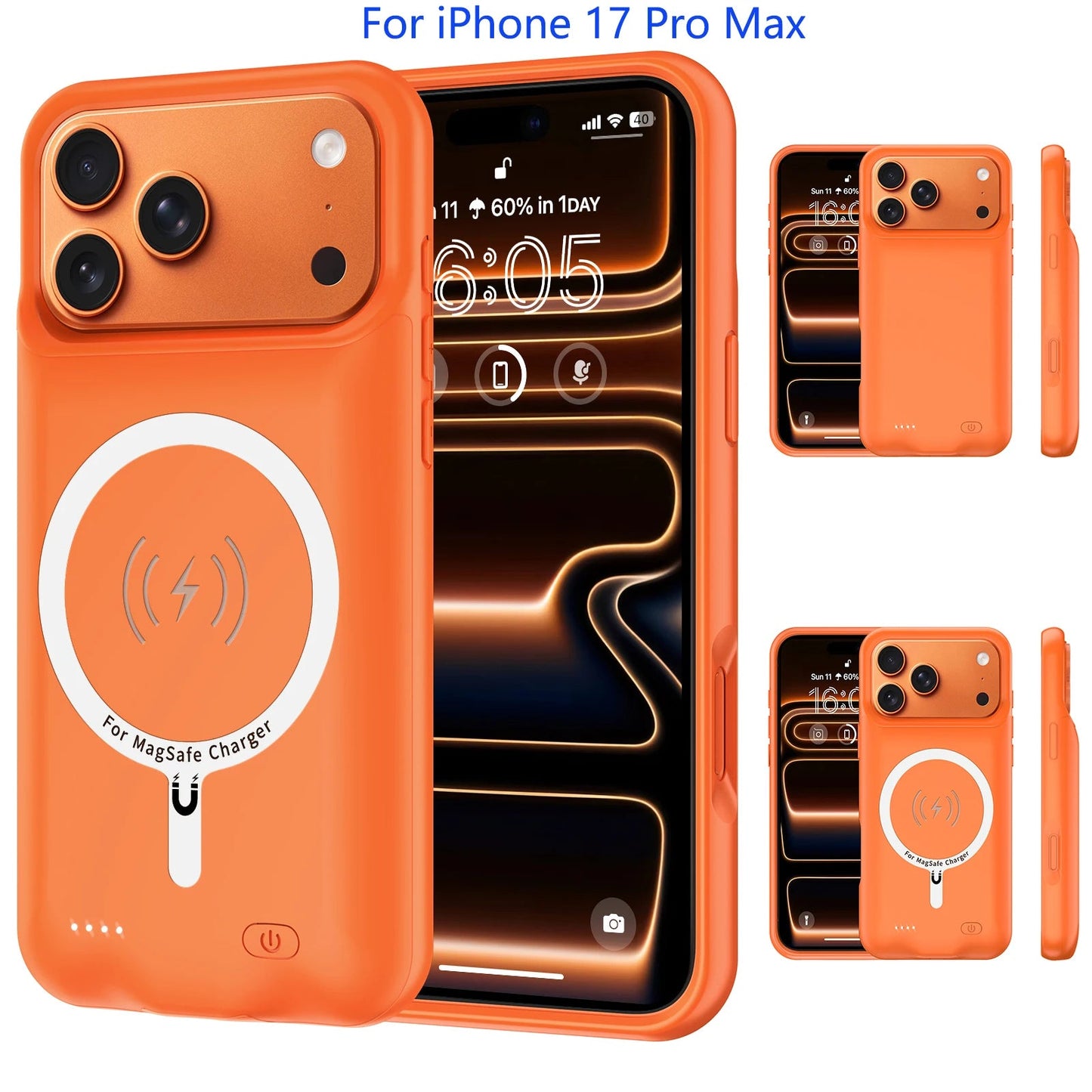 Orange Smart Wireless Battery Charger Case for iPhone 17 Pro Max | Magnetic Power Bank External Charging Cover Mobile Arcade Ltd