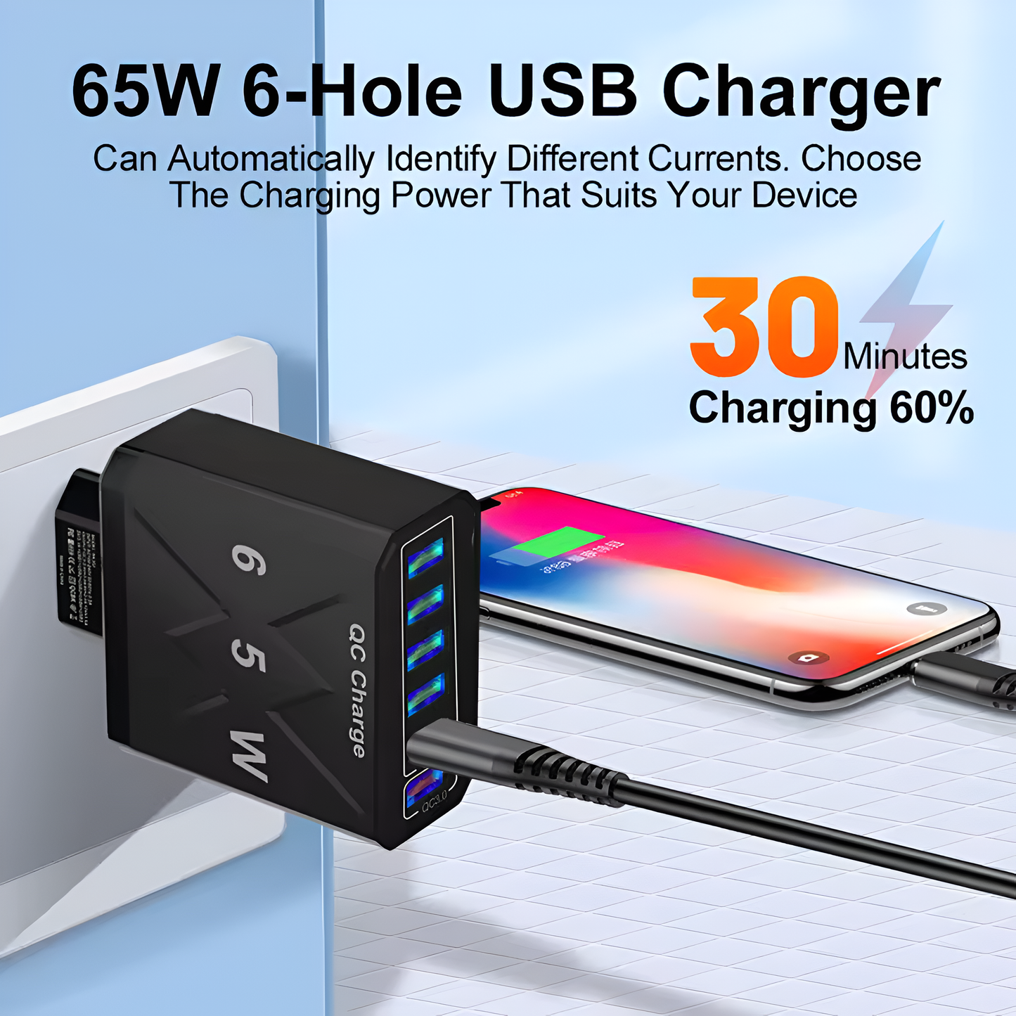 65W 6-Port USB Fast Charger QC3.0 Adapter for iPhone, Samsung, Xiaomi, UK Plug Mobile Arcade Ltd