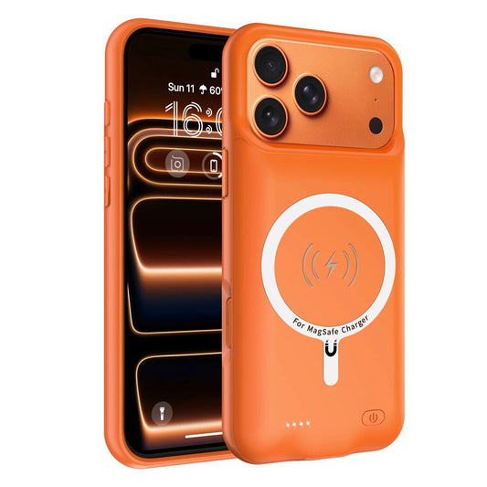 Orange Smart Wireless Battery Charger Case for iPhone 17 Pro Max | Magnetic Power Bank External Charging Cover Mobile Arcade Ltd