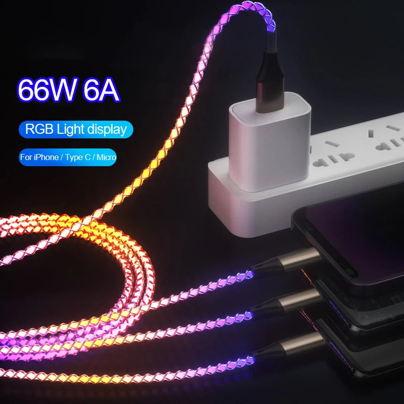 3-in-1 66W Fast Charging Cable RGB Light Micro USB Type-C & iPhone Mobile Arcade Ltd