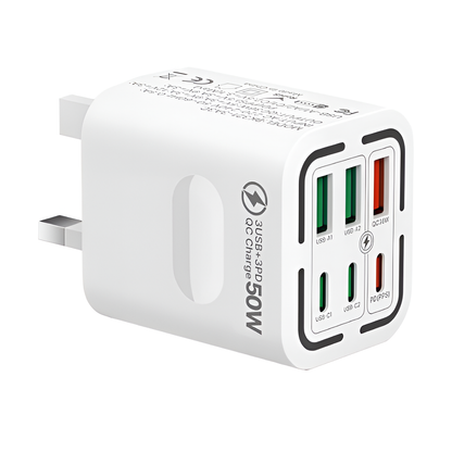 50W 6-Port USB C Fast Charger Plug UK | 3 PD + 3 QC Multiport Charging Adapter Mobile Arcade Ltd