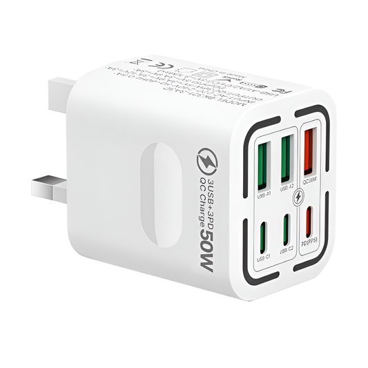 50W 6-Port USB C Fast Charger Plug UK | 3 PD + 3 QC Multiport Charging Adapter Mobile Arcade Ltd