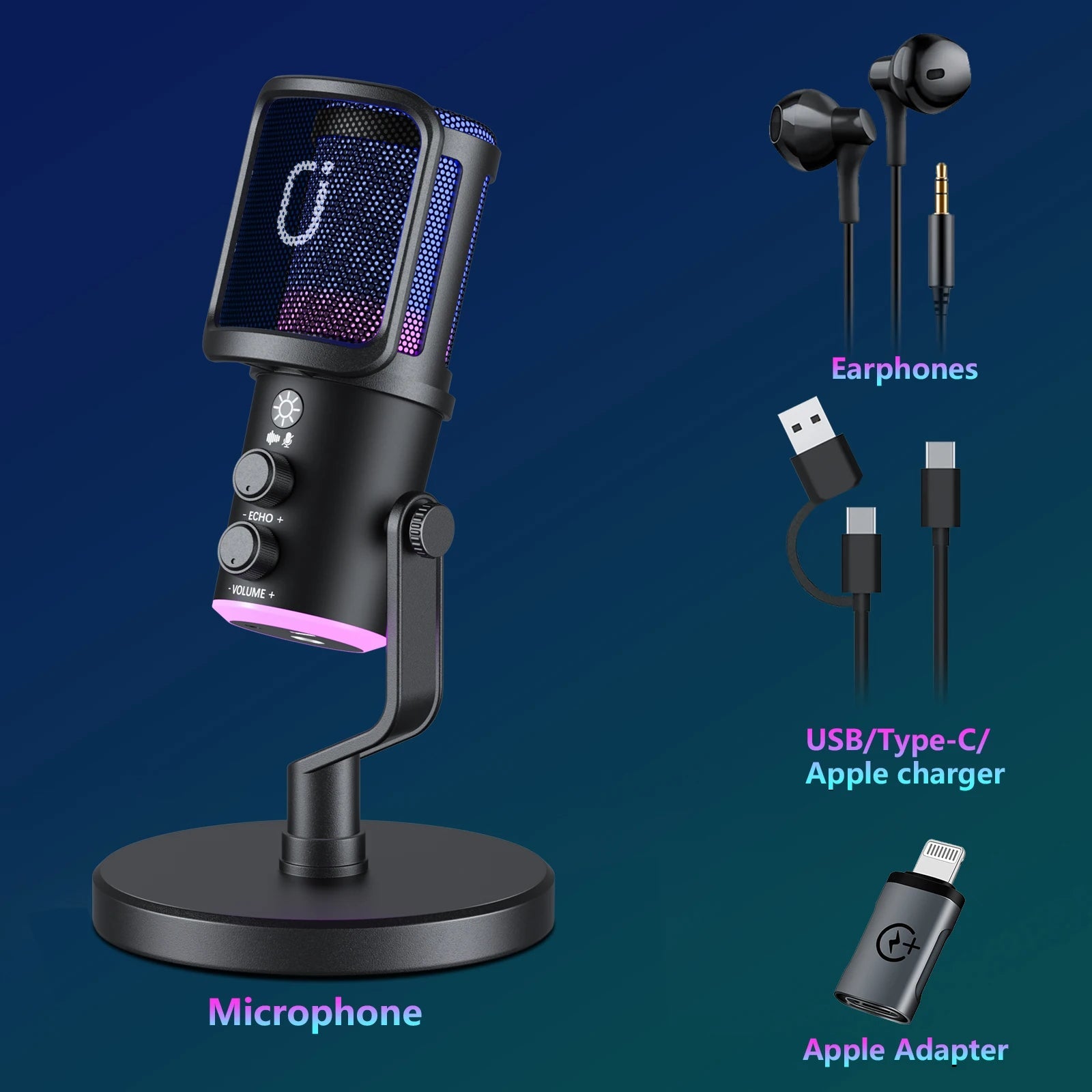 USB/XLR Dynamic Microphone with RGB, Mute Button & Headphone Jack Mobile Arcade Ltd