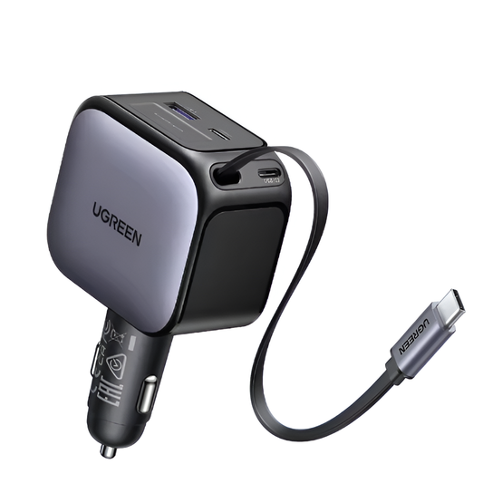 UGREEN 145W Car Charger with 3 USB-C & USB-A Fast Ports and Retractable Cable