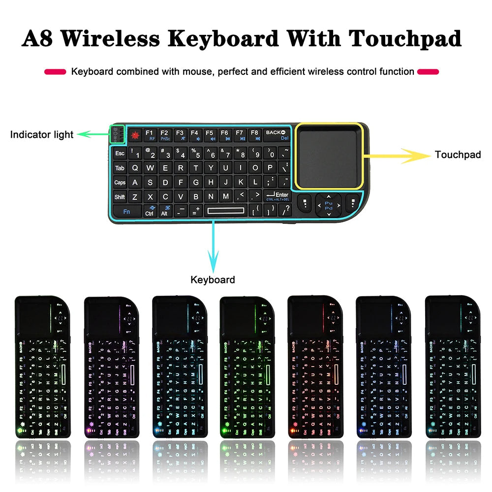 A8 2.4G Wireless Mini Keyboard with Touchpad & 7-Colour RGB Backlight Mobile Arcade Ltd