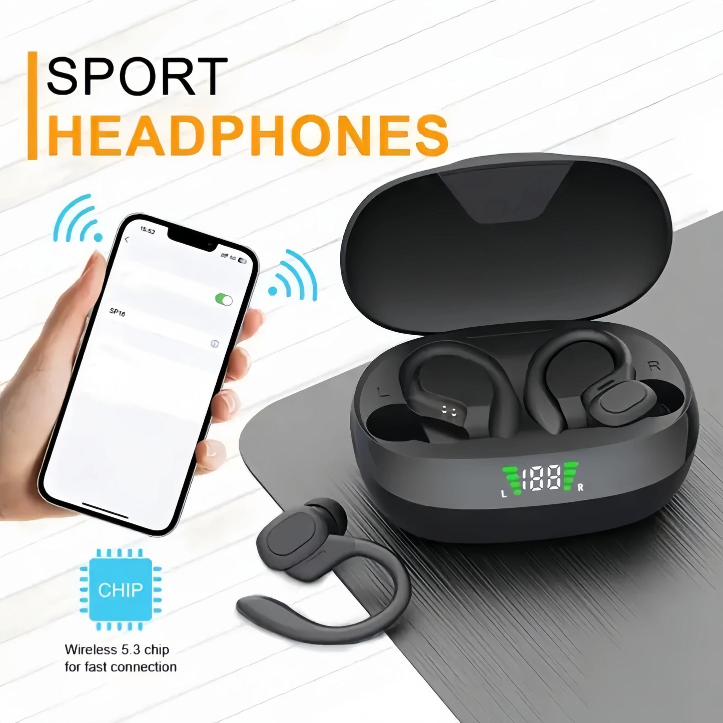 True Wireless Earbuds with Mic | Sports Ear Clip, Stereo Sound & LED Display Mobile Arcade Ltd