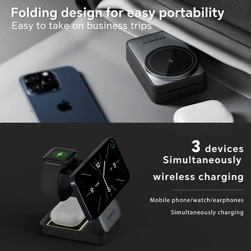 Foldable 3-in-1 Magnetic Wireless Charger Stand | MagSafe Fast Charging Station for iPhone 15/14/13/12, Apple Watch 2–8, AirPods Pro Mobile Arcade Ltd