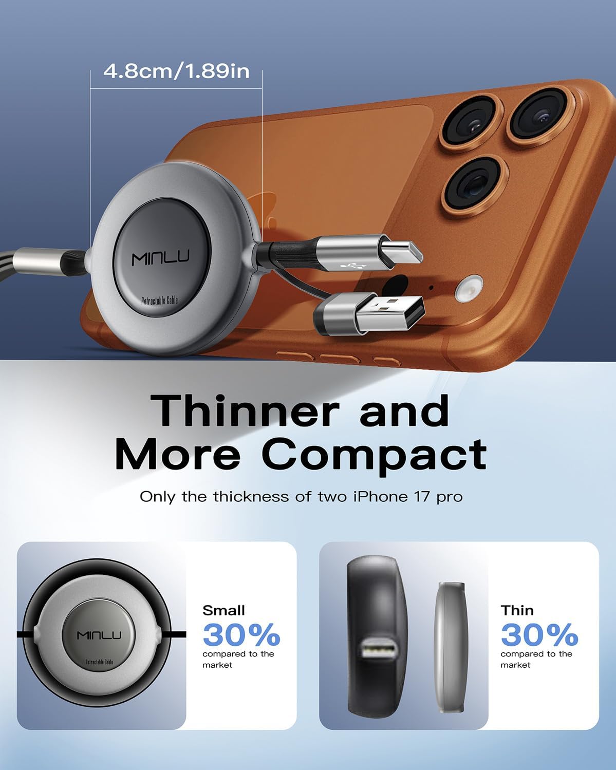 5 in 1 Retractable Multi Charger Cable 3.5A USB C Lightning Micro USB 1.2M Mobile Arcade Ltd