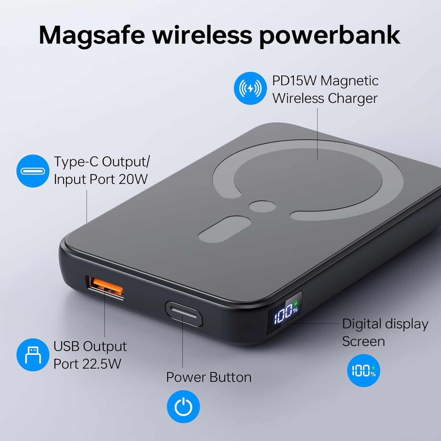 MagSafe Power Bank 12000mAh, 22.5W Fast Charger with USB-C & LED Display Mobile Arcade Ltd