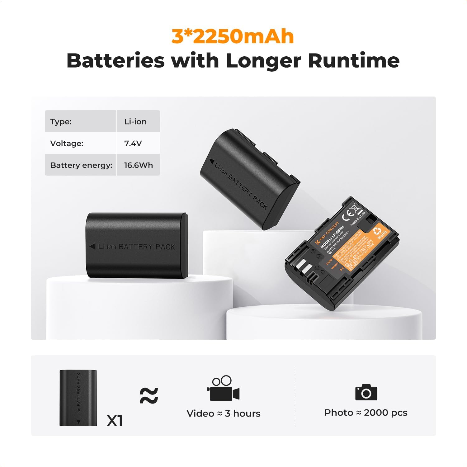 K&F Concept 3-Pack LP-E6NH Batteries & USB Charger for Canon EOS R Series Mobile Arcade Ltd