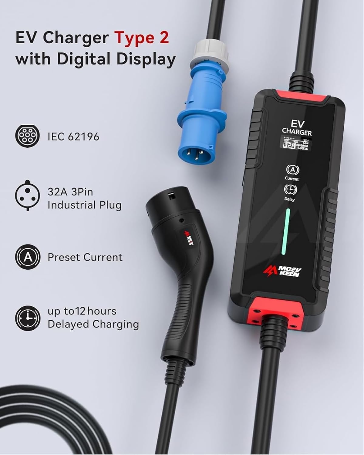 MCEVKELN Type 2 to CEE EV Charger Cable 7M 7KW 32A Mode 3 with Timer Mobile Arcade Ltd