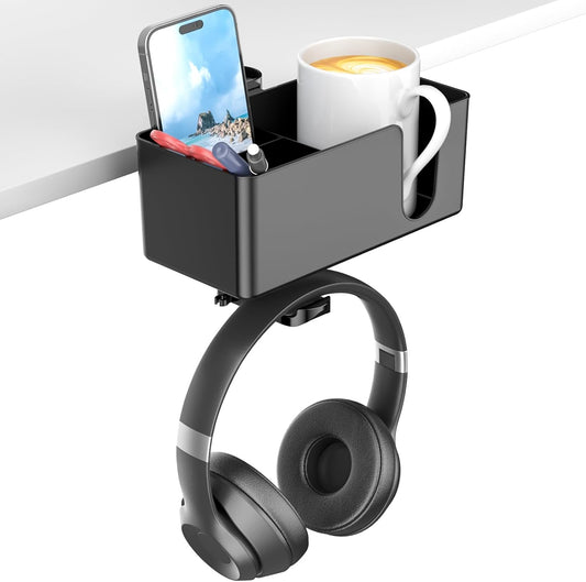 KDD 4-in-1 Desk Organiser – Under-Desk Cup Holder, Headphone Hook & Storage