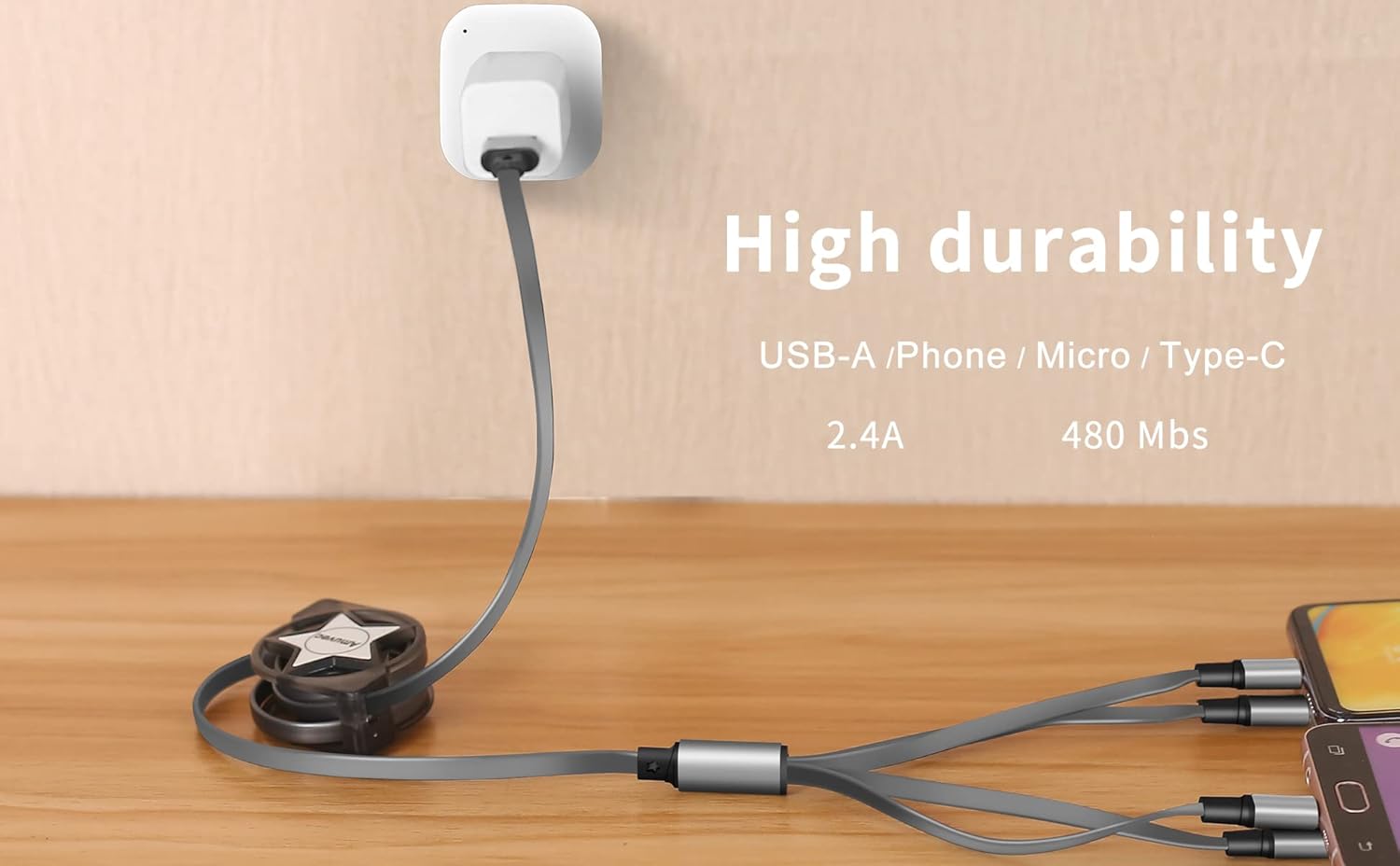 Multi 4 in 1 Retractable Charging Cable - 1m, Fast Phone Charger Cables, Type C Mobile Arcade Ltd