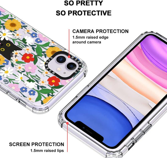 iPhone 11 Case Black Cat Garden Design Clear TPU Shockproof Bumper Cover Mobile Arcade Ltd