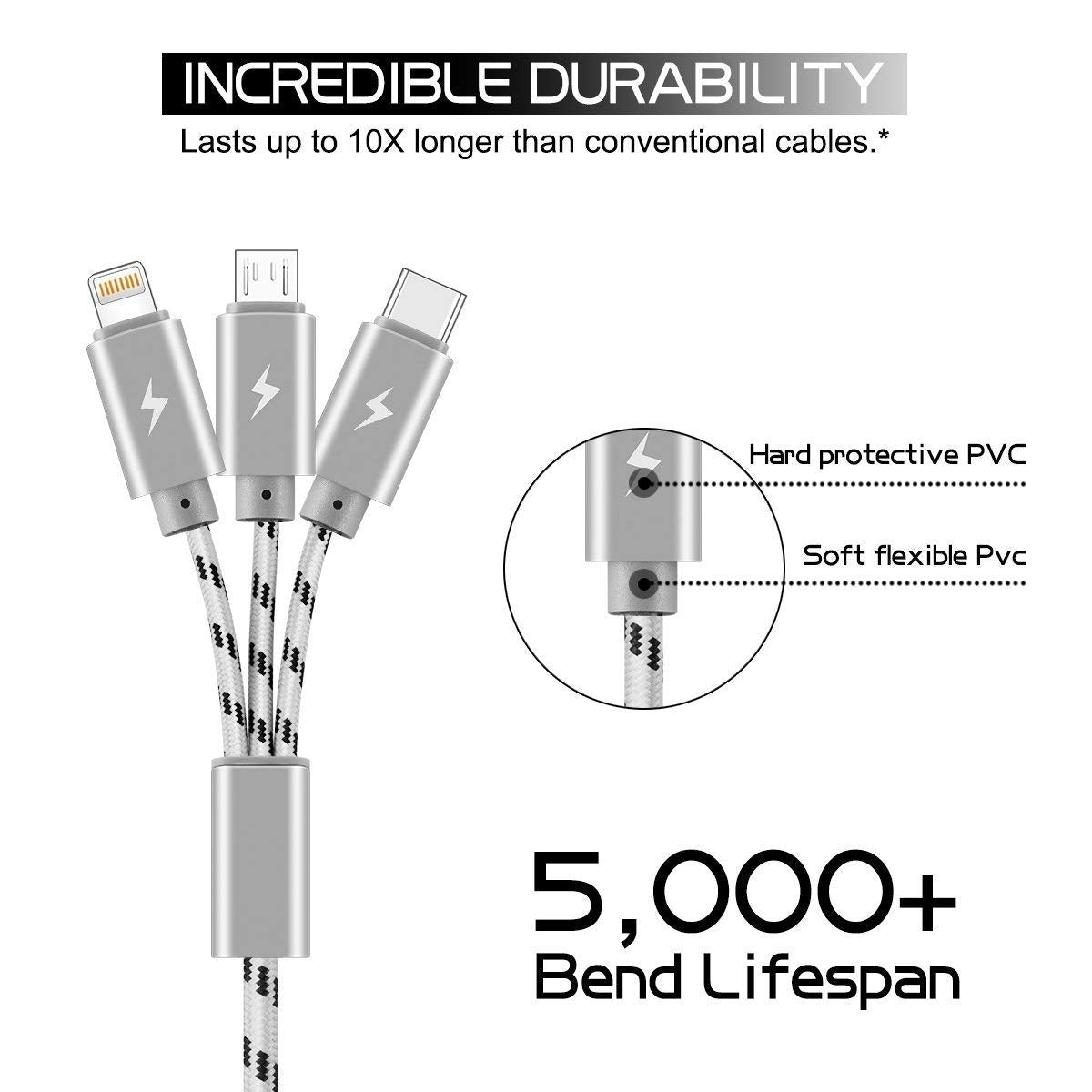 ASICEN 3-in-1 Multi Charging Cable [3M] – USB-C/Micro/Lightning, 3A Fast Charge Mobile Arcade Ltd