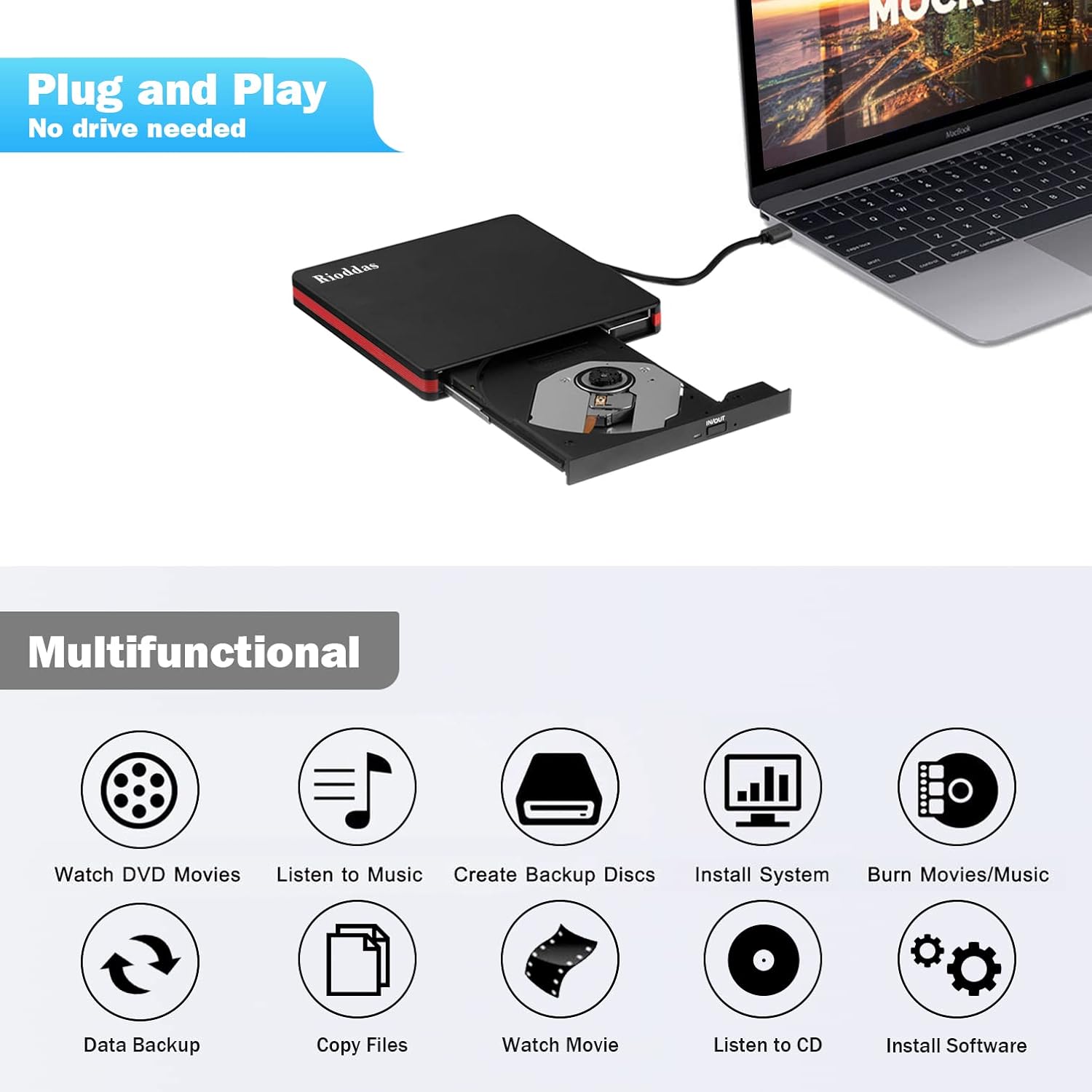Rioddas USB 3.0 External CD/DVD Drive Burner for Laptop, PC, Mac & Linux Mobile Arcade Ltd
