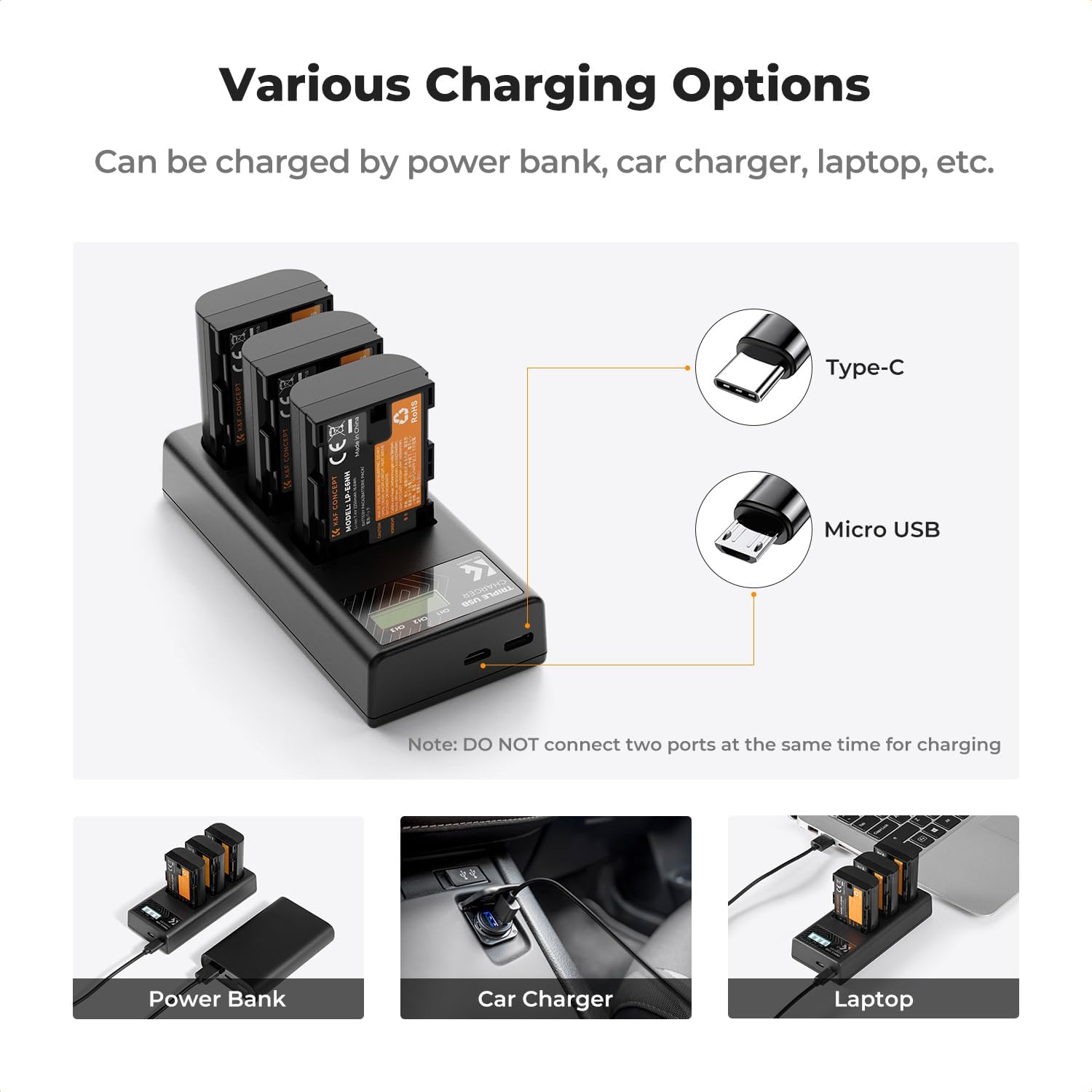 K&F Concept 3-Pack LP-E6NH Batteries & USB Charger for Canon EOS R Series Mobile Arcade Ltd