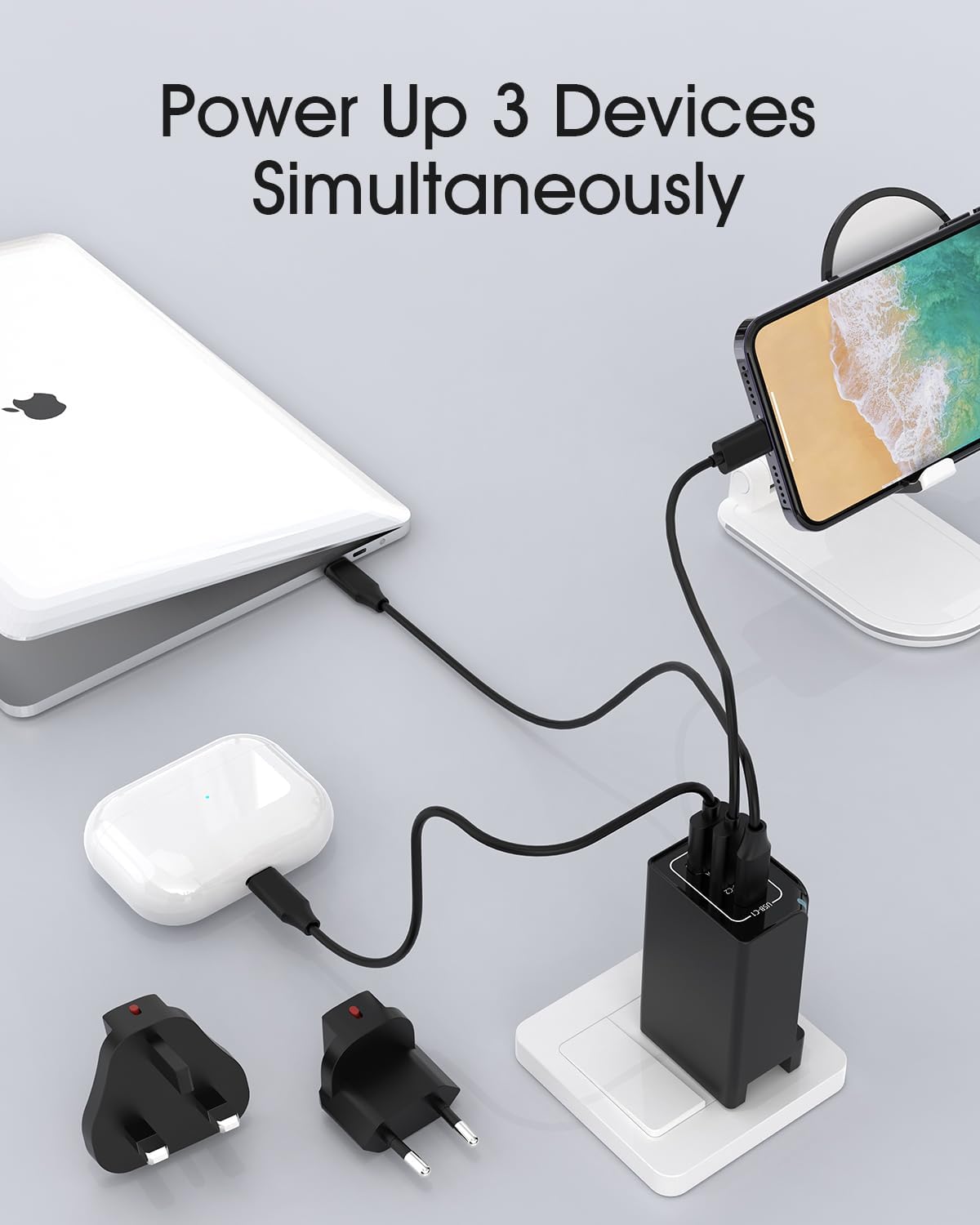 Elexlinco 65W GaN II USB C Charger 3-Port Fast Plug + UK/US/EU Adapters Travel Mobile Arcade Ltd