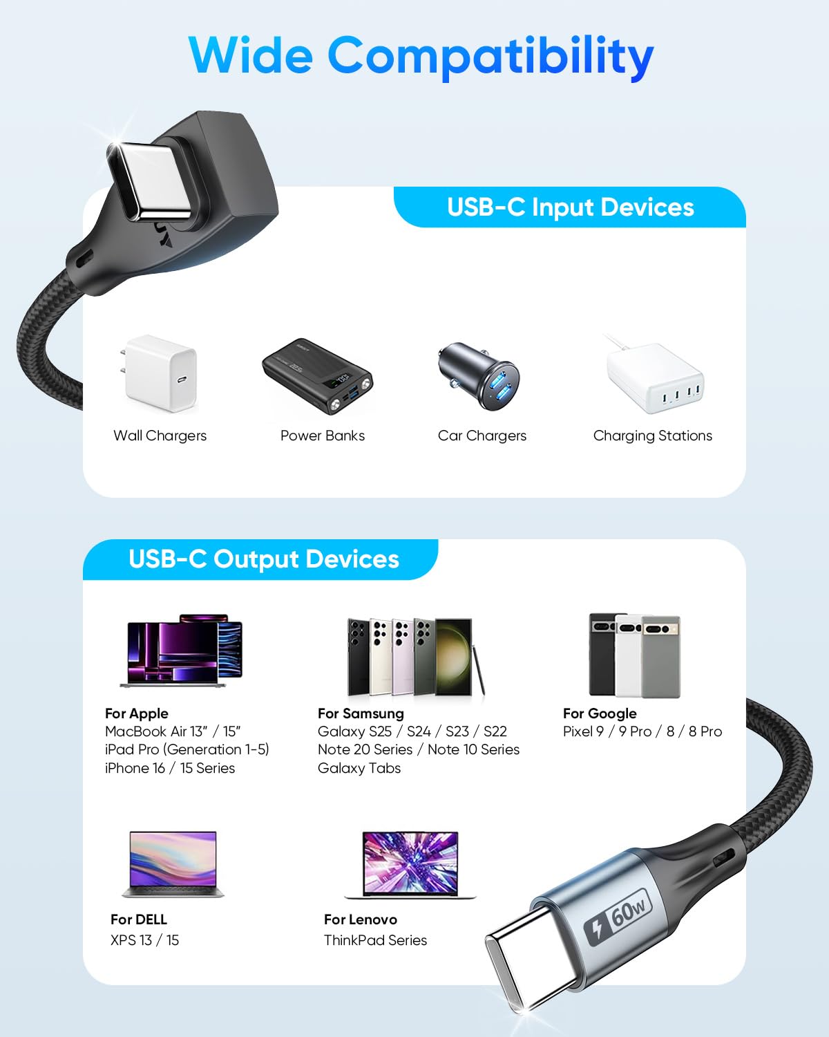 USB C Cable 60W Fast Charge Braided right angle 90° design | 1M Type C Charging Cable Mobile Arcade Ltd