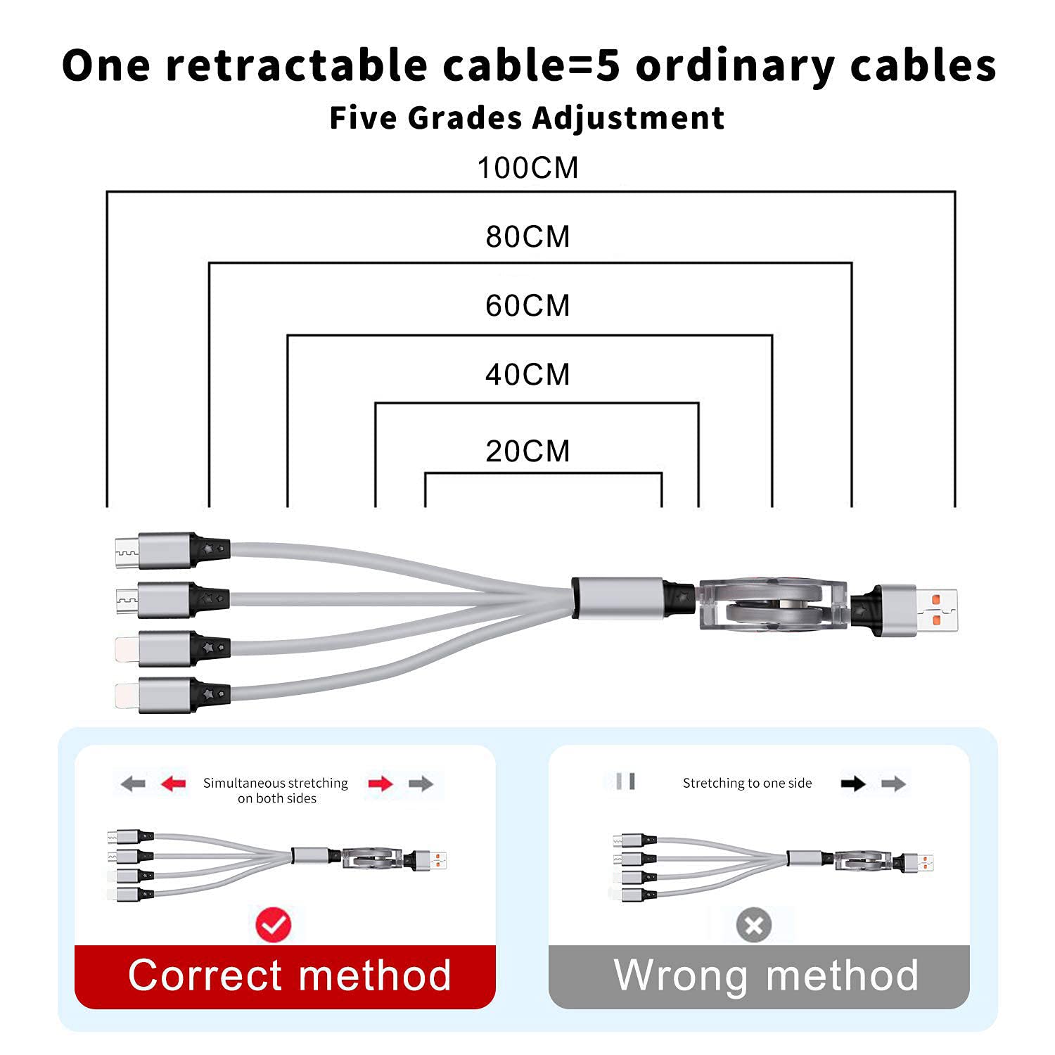 Multi 4 in 1 Retractable Charging Cable - 1m, Fast Phone Charger Cables, Type C Mobile Arcade Ltd