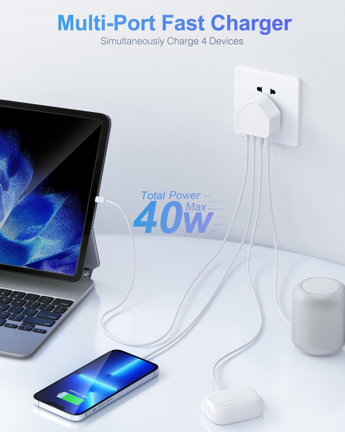 40W USB C Plug Fast Charger, 4-Port Multi USB Charger for iPhone, Samsung, iPad. Mobile Arcade Ltd
