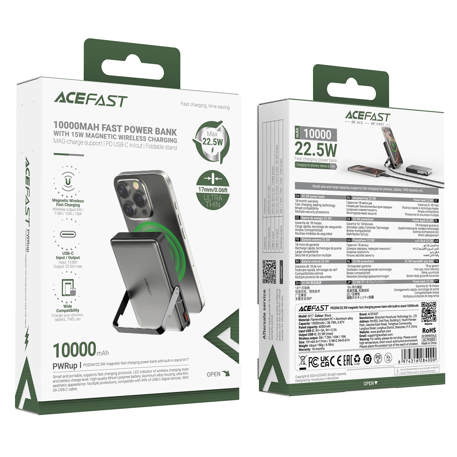 ACEFAST 10000mAh Magnetic Wireless Power Bank with Foldable Bracket | PD20W/22.5W USB-C Fast Charging for iPhone 16/15 & Samsung S24/S25 Mobile Arcade Ltd
