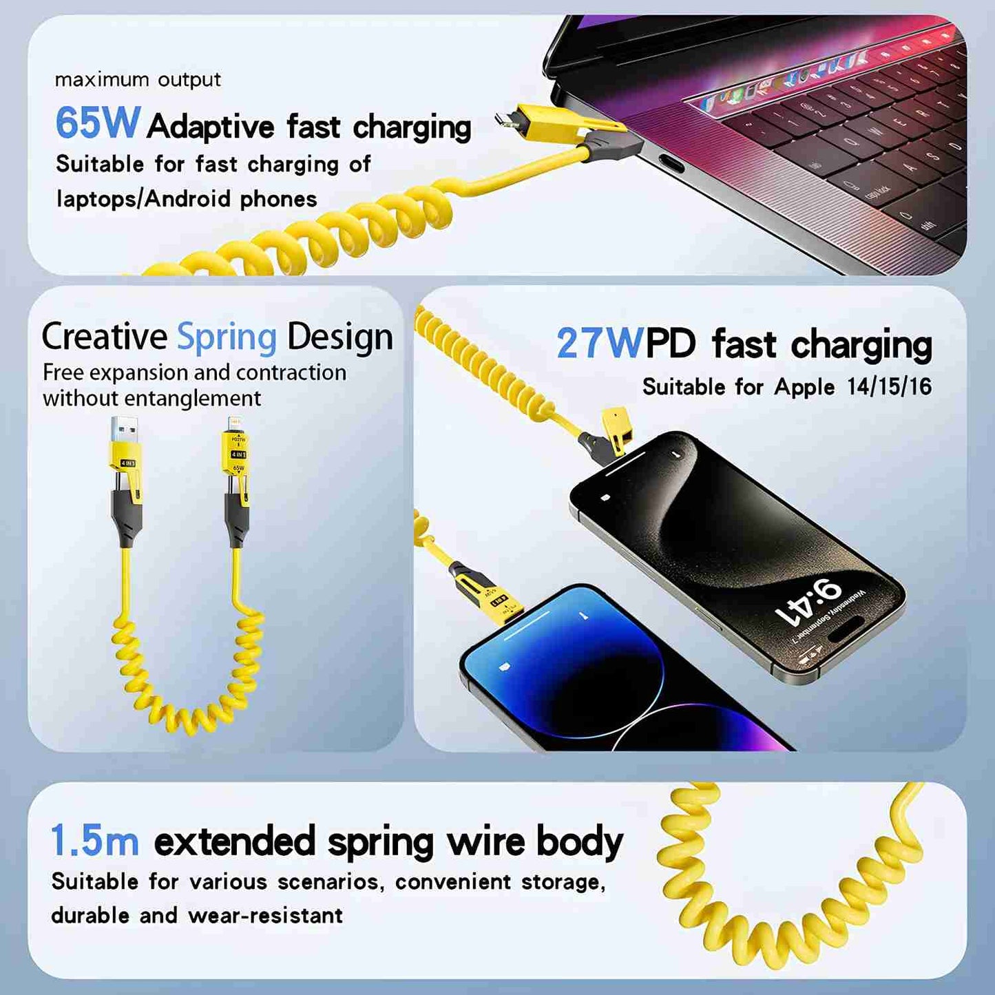 65W 4 in 1 Spring USB Cable Fast Charge Type-C for iPhone, iPad, MacBook Mobile Arcade Ltd
