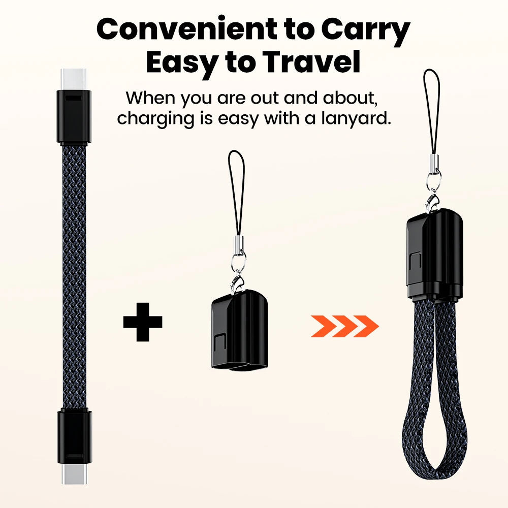 60W Fast Charging USB-C to USB-C Short Cable Keychain – Lanyard Charger for iPhone 15/16, Samsung, Xiaomi, Power Bank Mobile Arcade Ltd