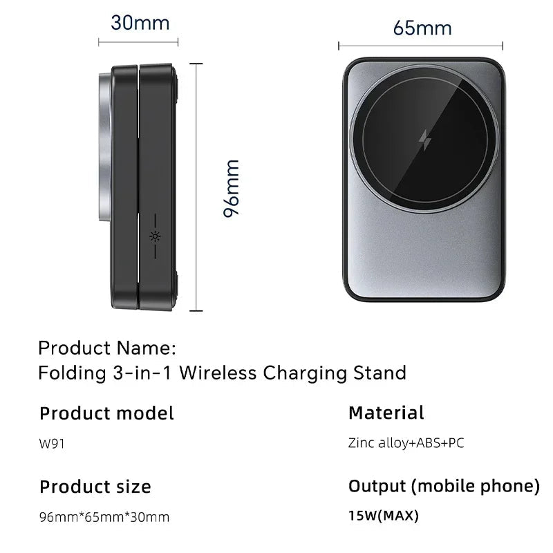 Foldable 3-in-1 Magnetic Wireless Charger Stand | MagSafe Fast Charging Station for iPhone 15/14/13/12, Apple Watch 2–8, AirPods Pro Mobile Arcade Ltd