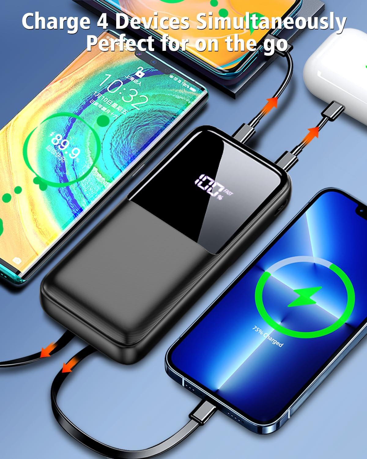 15000mAh Fast Charging Power Bank with 2 Built-in Cables & LED Display, Black Mobile Arcade Ltd