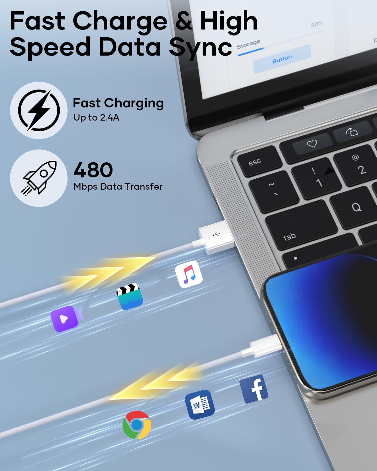 MFi Certified USB A to Lightning Cable 1M Nylon Braided for iPhone & iPad Mobile Arcade Ltd