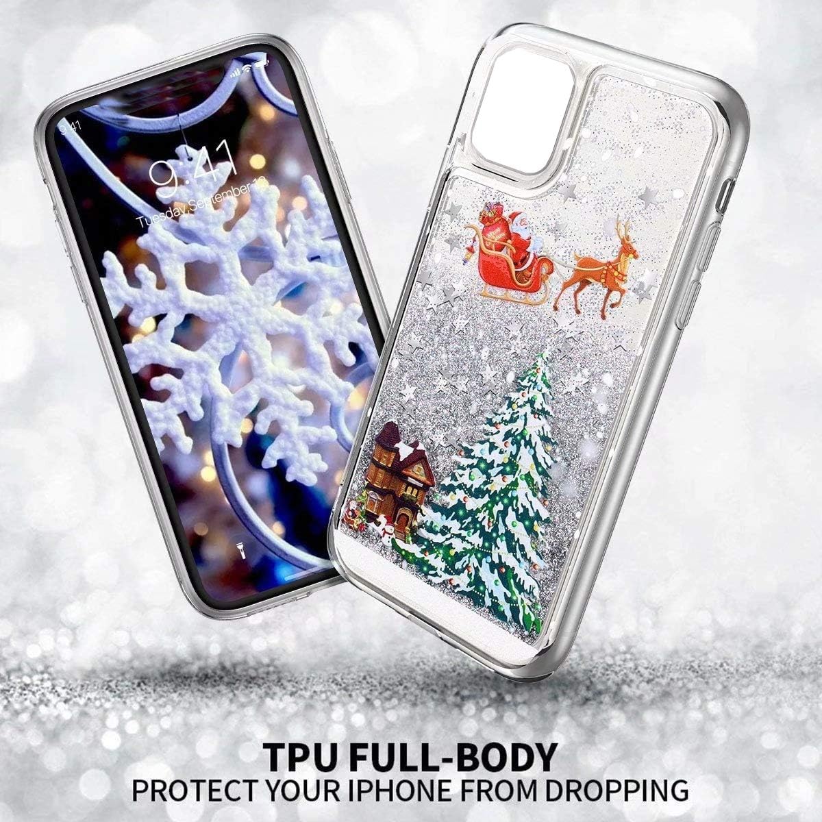 iPhone 13 Pro Glitter Liquid Case Silver Stars Clear Sparkly Shockproof Cover Mobile Arcade Ltd