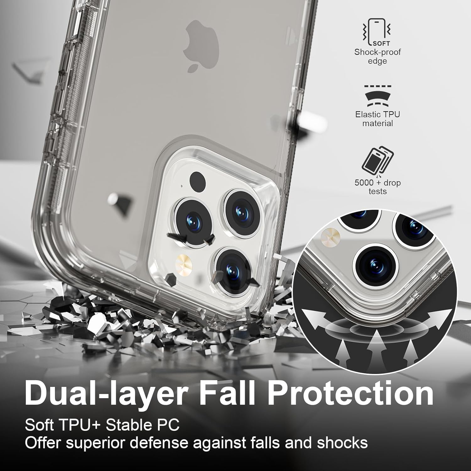 iPhone 15 Pro Case Crystal Gray Heavy Duty Shockproof Dual Layer Clear Cover Mobile Arcade Ltd